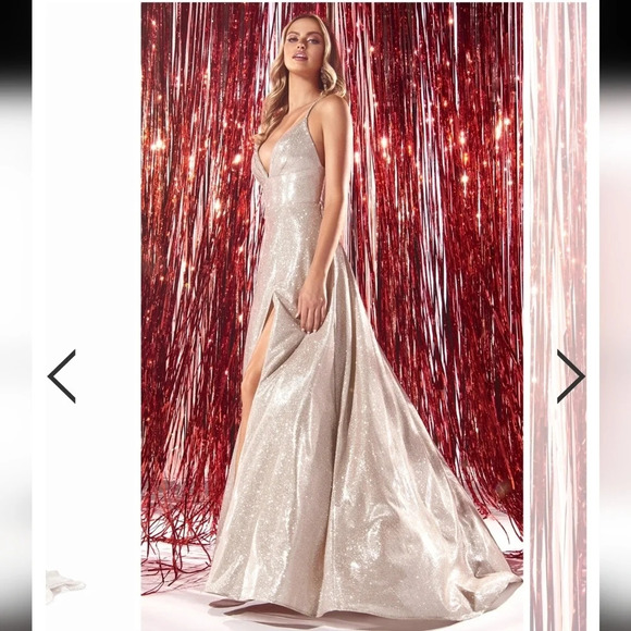 CINDERELLA DIVINE sz.2 Metallic Glitter Evening Formal Dress Champagne High Slit - Picture 5 of 16